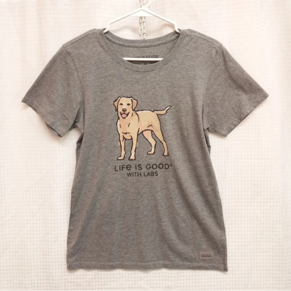 Women's Sz Medium LIFE IS GOOD Crusher Tee Gray Lab Dog T Shirt Great Condition!